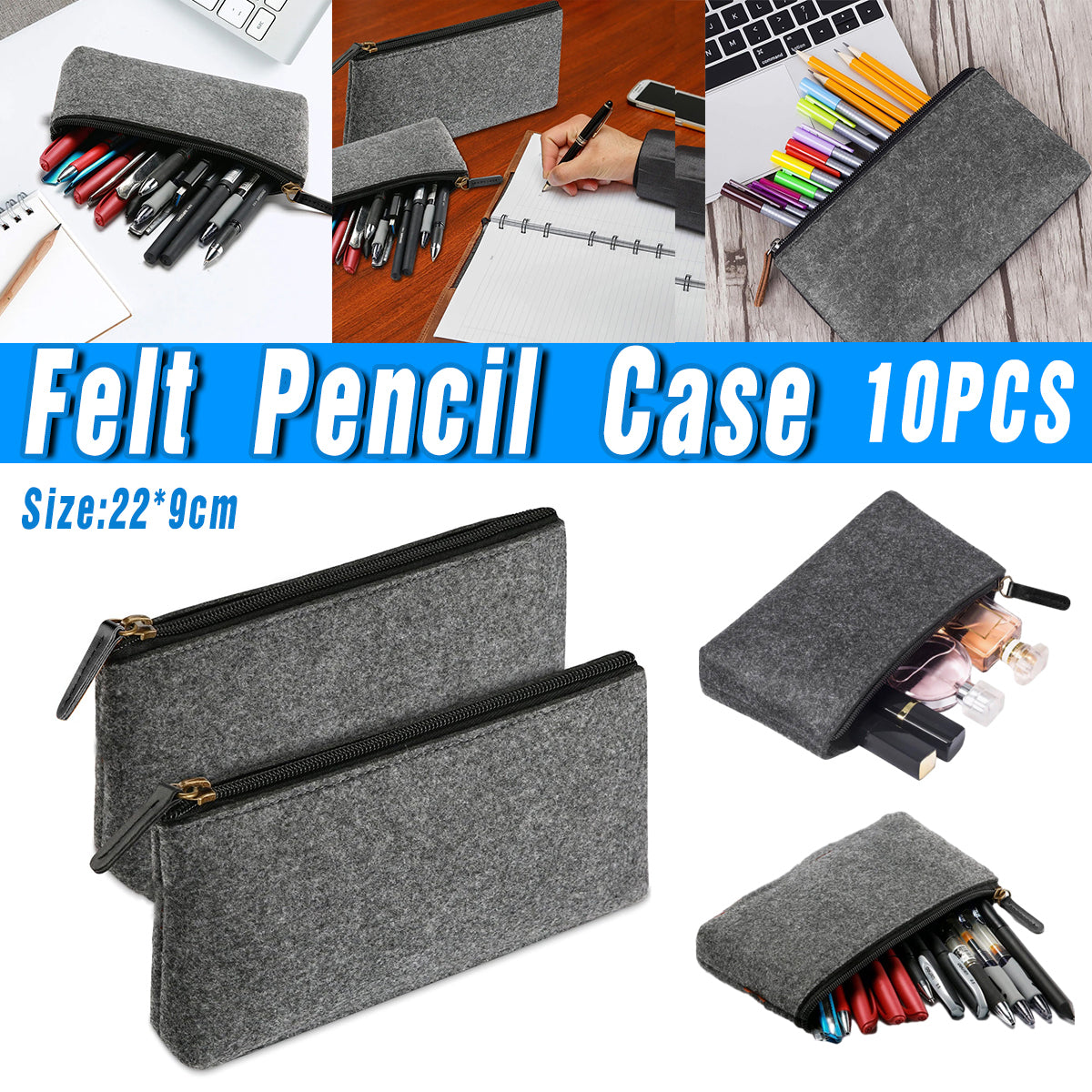10 Pcs Felt Pencil Case Set Large Capacity Grey Zipper