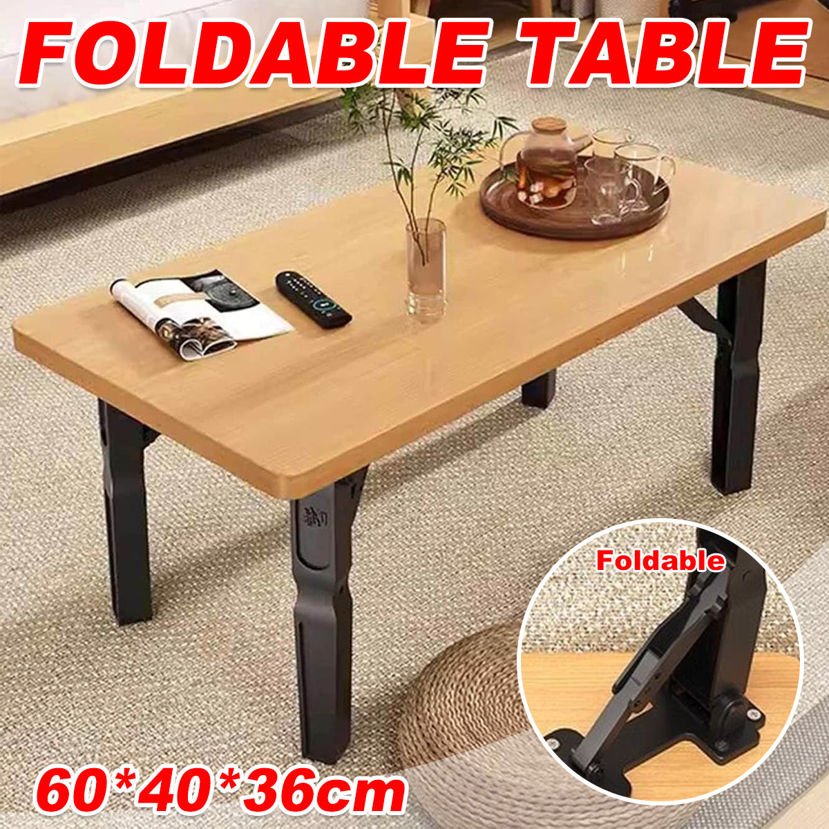 Foldable Small Square Table with Light Wood Top and Metal Legs