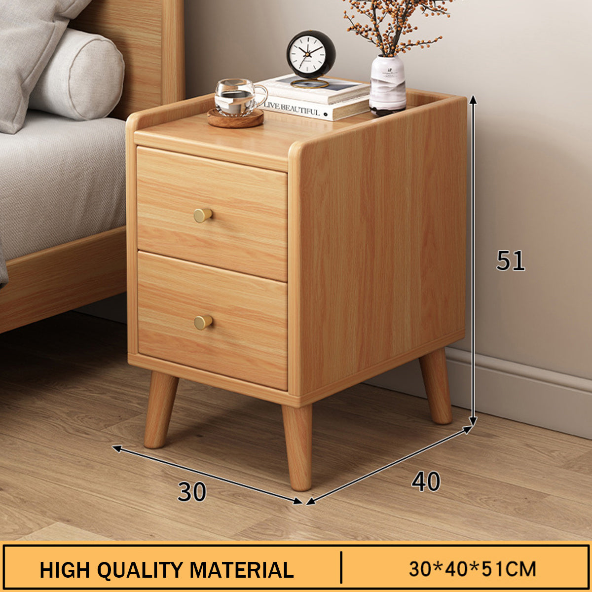 Narrow Wooden Bedside Table with 2 Drawers