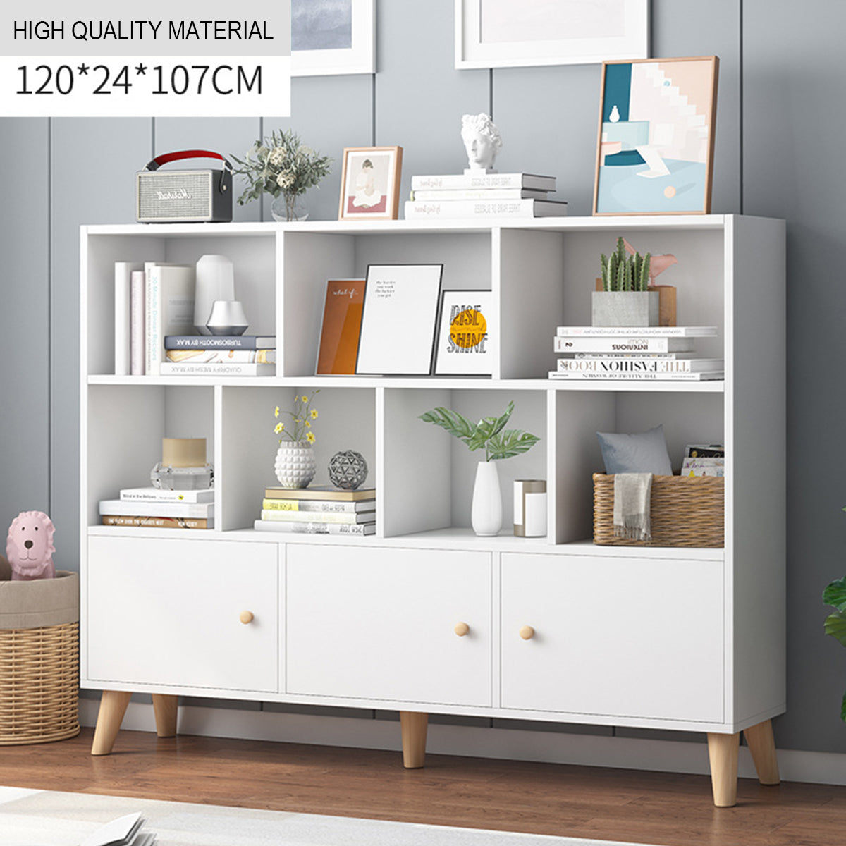 White Bookcase Storage Cabinet with Doors and Legs