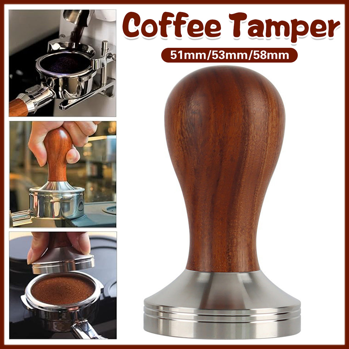 Coffee Tamper Wood Handle 304 Steel 51-58mm