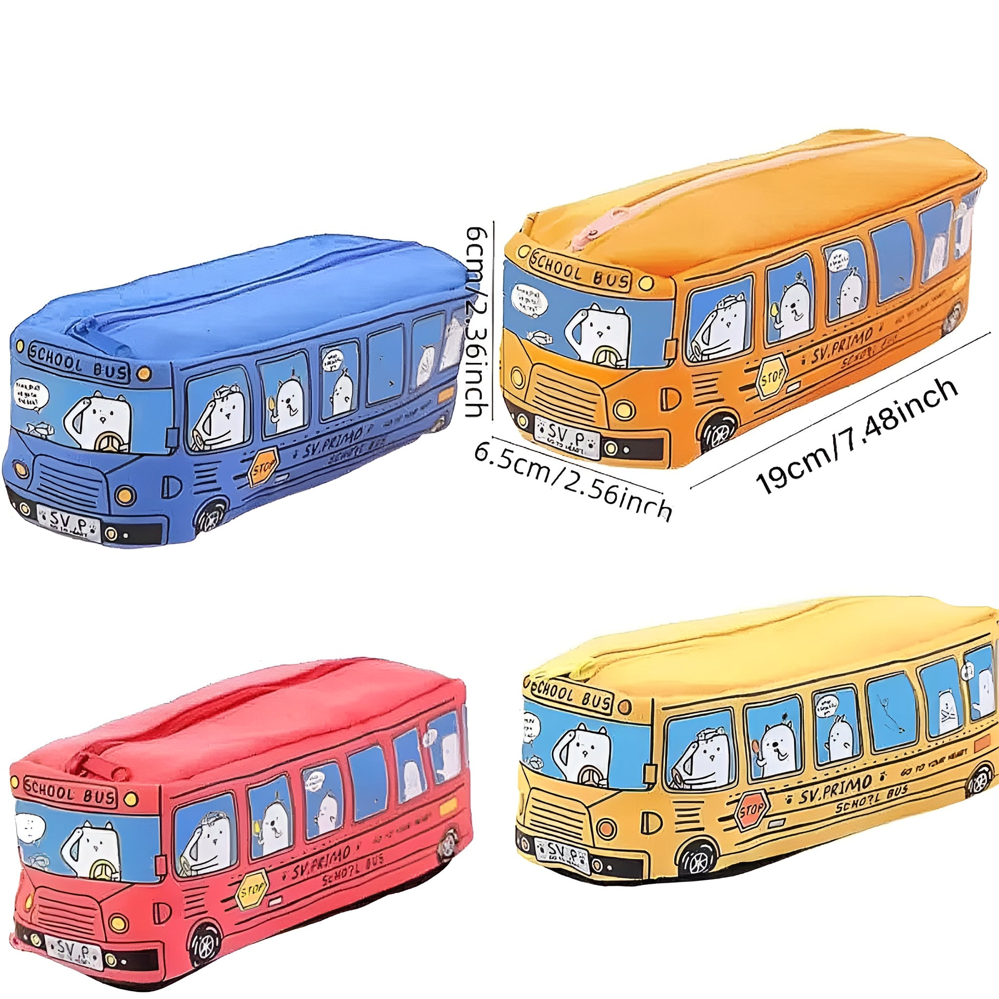 4 Pcs Cartoon Bus Pencil Case Large Capacity Washable Canvas