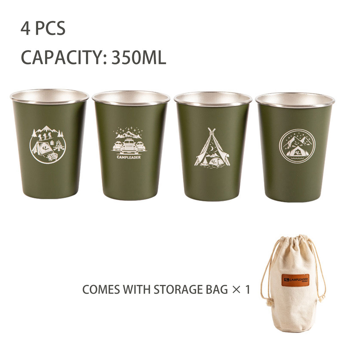 Set of 4 Outdoor 304 Stainless Steel Cups with Bag