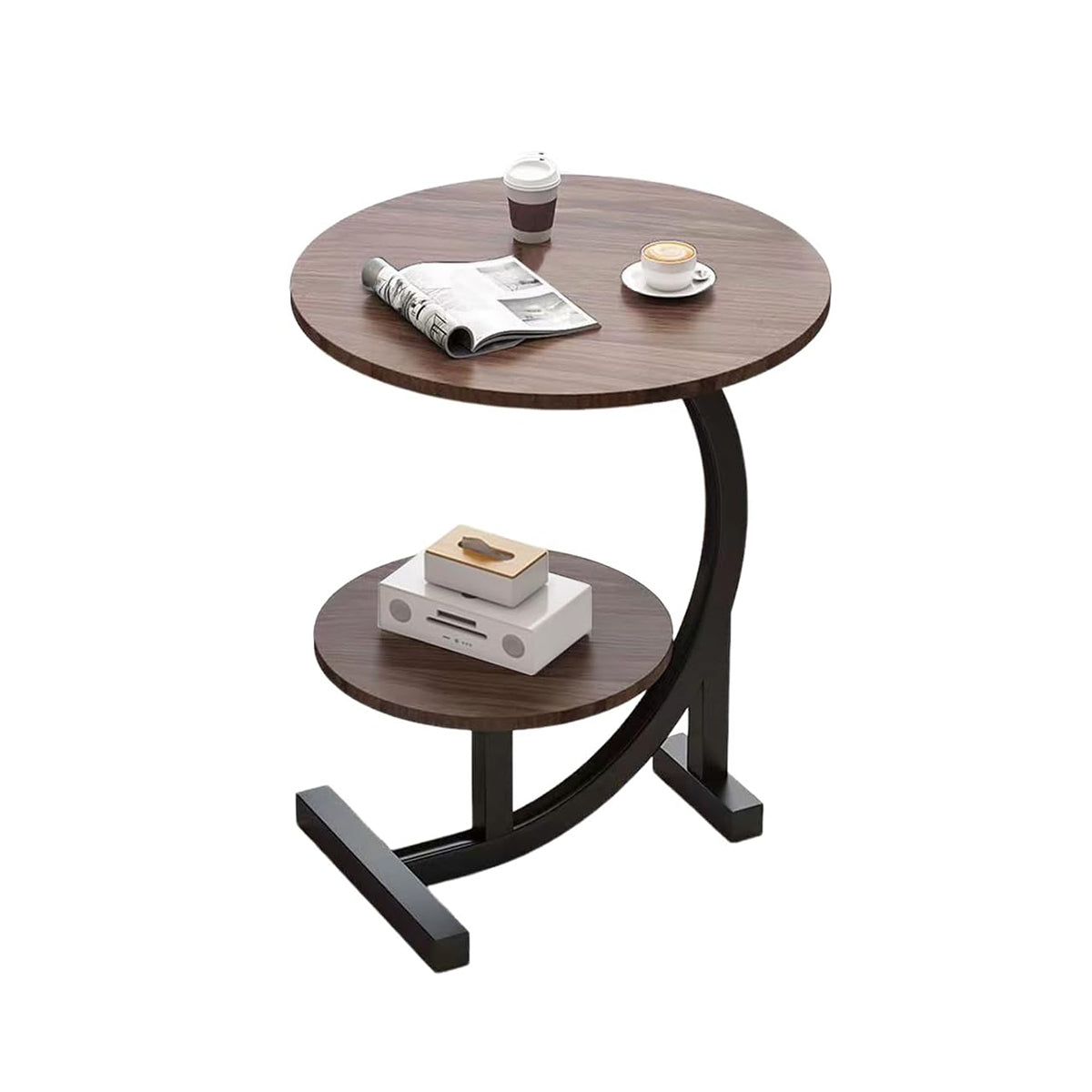 Round Side Table with Shelf Marble Pattern Metal Frame