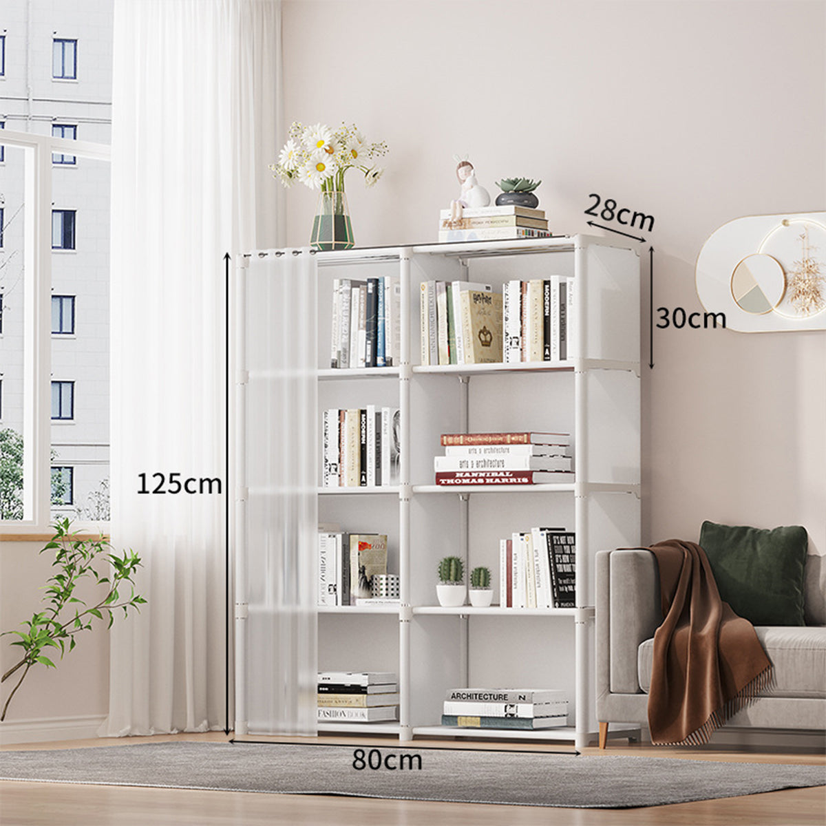 Versatile Bookshelf Storage Rack with Dust Proof Curtain