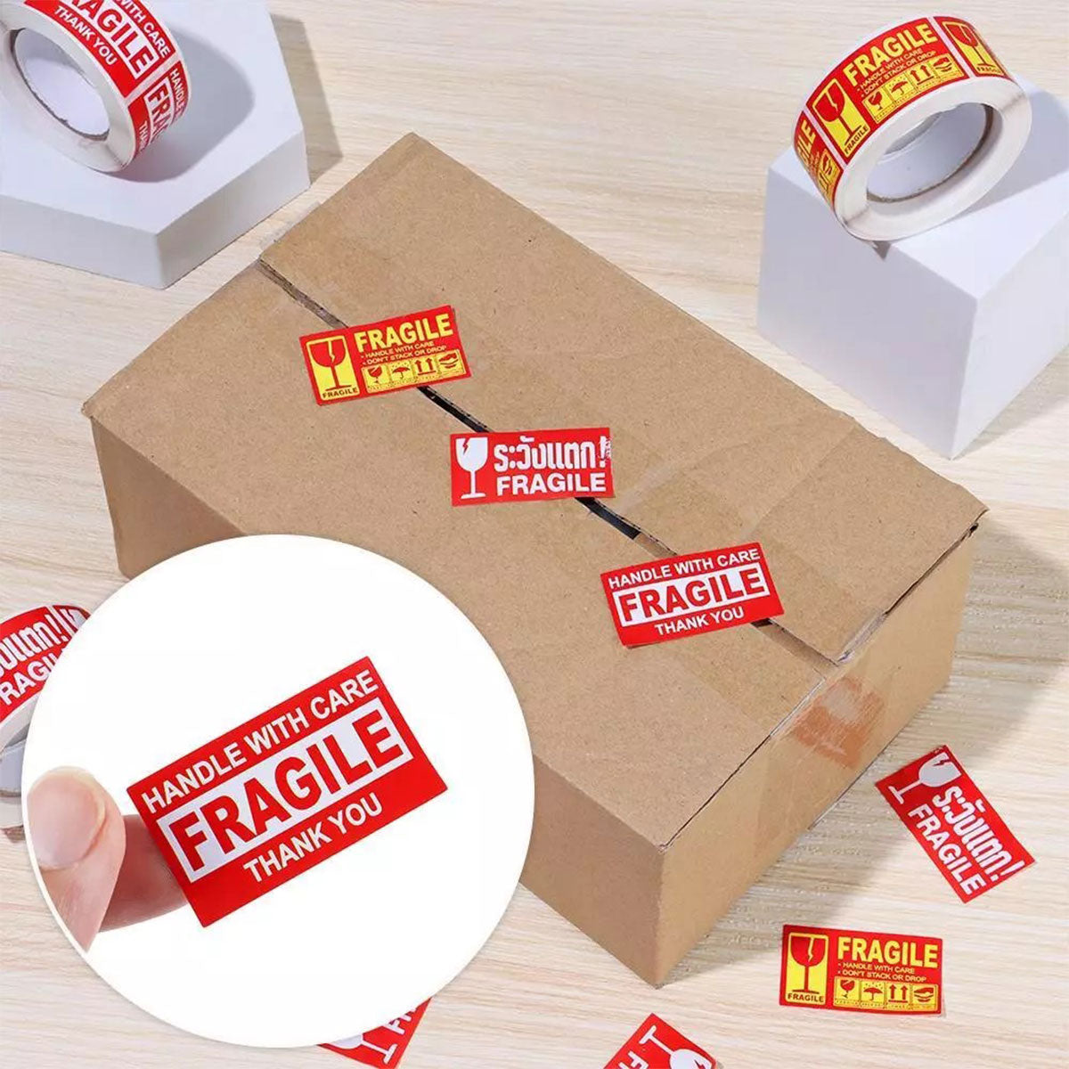 4 Rolls Fragile Warning Label Stickers Red Handle With Care