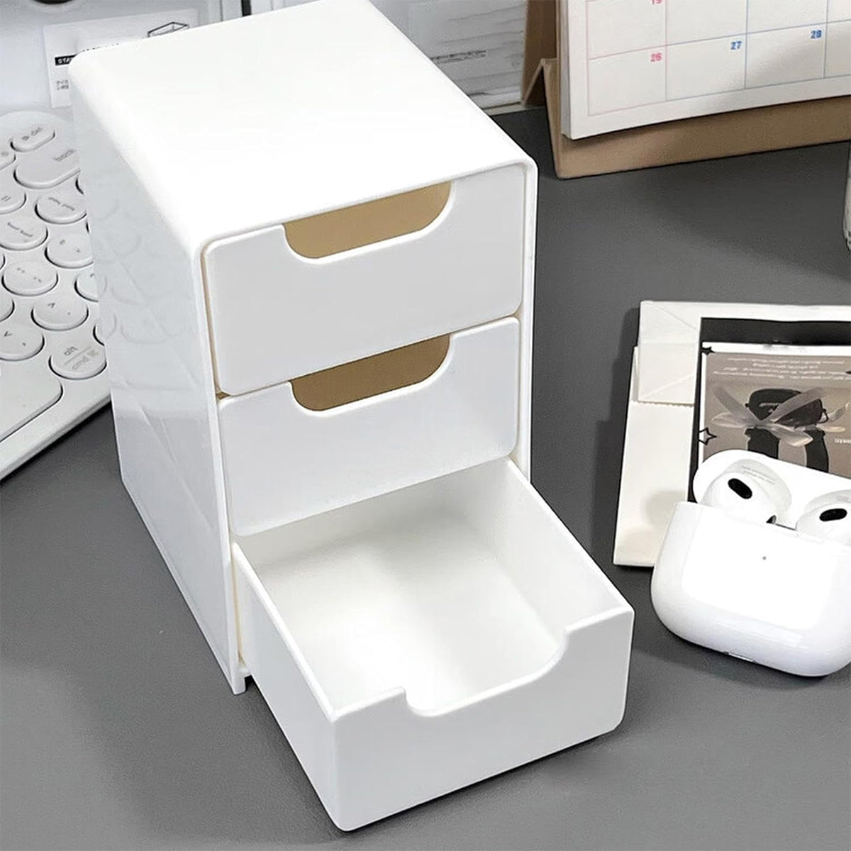 Mini Desktop Organiser Box 3-Layer Plastic Drawer Unit