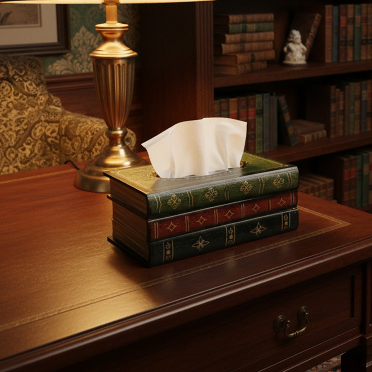 Retro Book-Shaped Wooden Tissue Box Hand-Painted