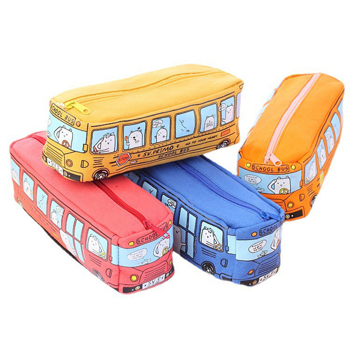 4 Pcs Cartoon Bus Pencil Case Large Capacity Washable Canvas