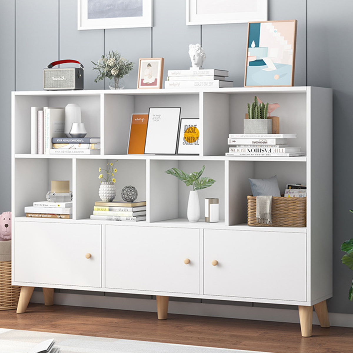 White Bookcase Storage Cabinet with Doors and Legs