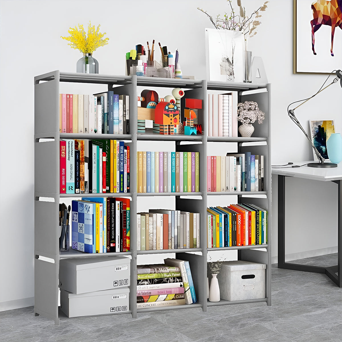 Bookshelf Storage Cabinet Steel Frame 9 or 12 Compartments