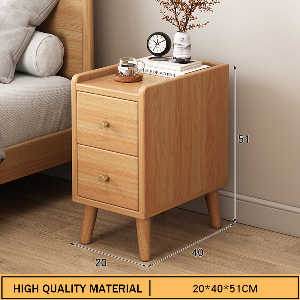 Narrow Wooden Bedside Table with 2 Drawers