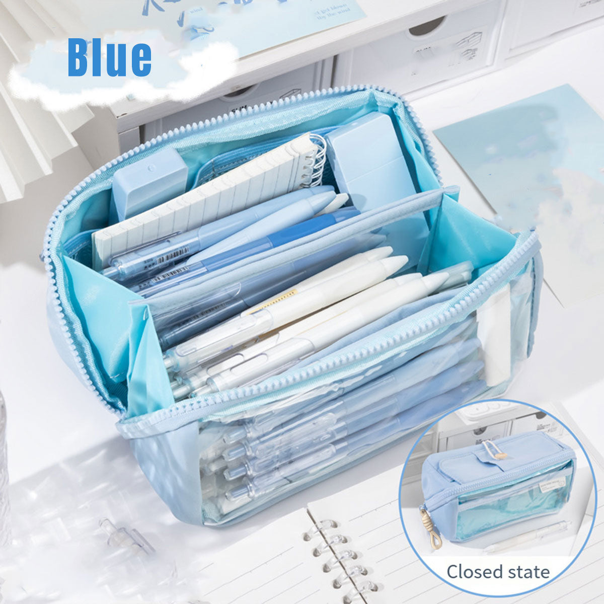 Japanese Style Stationery Bag Large Capacity with Clear Pocket