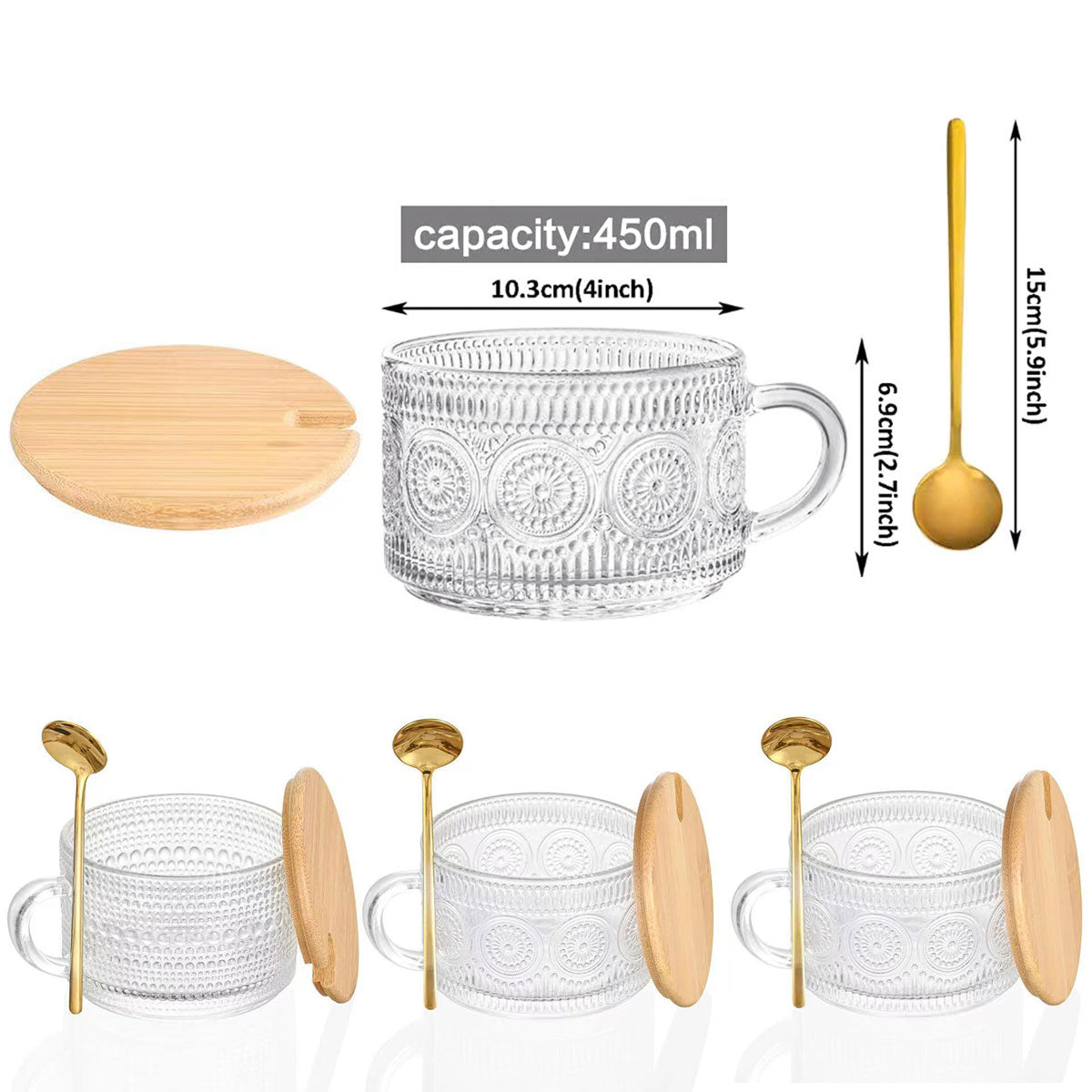 4pcs Embossed Glass Coffee Cups 14oz with Lids