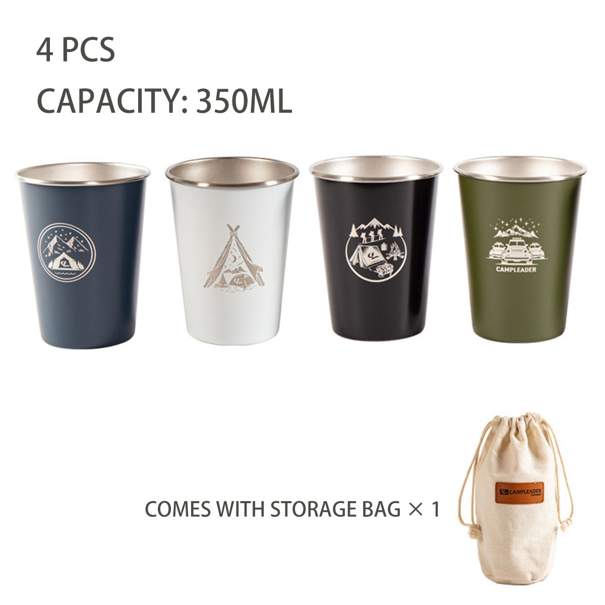 Set of 4 Outdoor 304 Stainless Steel Cups with Bag