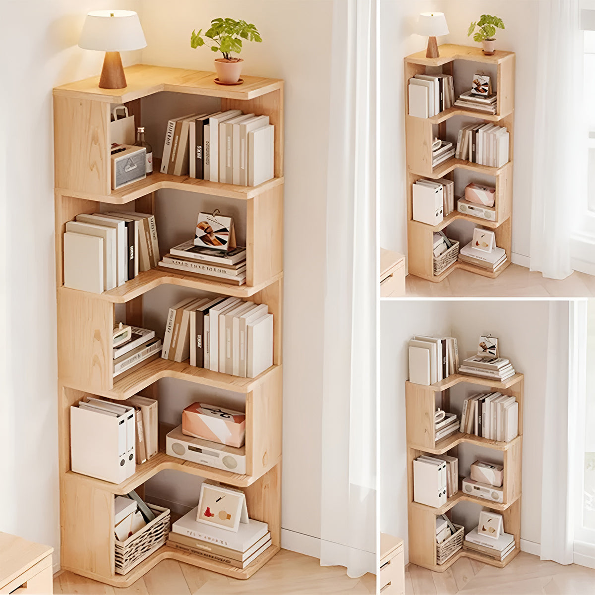 Solid Wood Corner Bookshelf Space Saving Floor Storage