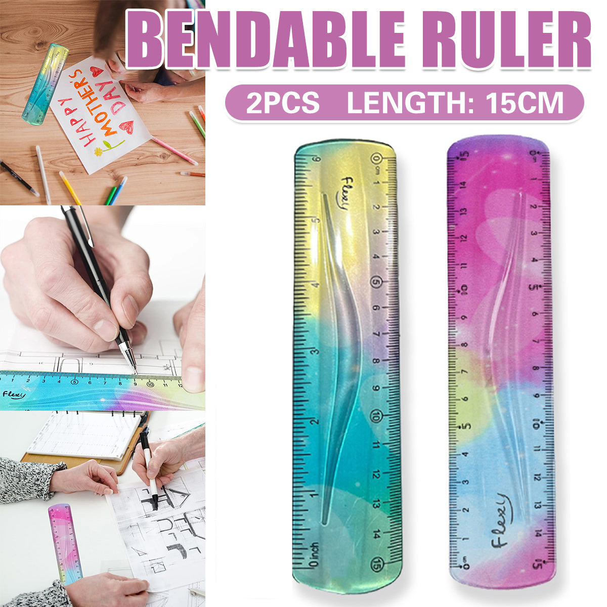 2PCS Colourful Bendable Soft Rulers 15cm Foldable Flexible Set