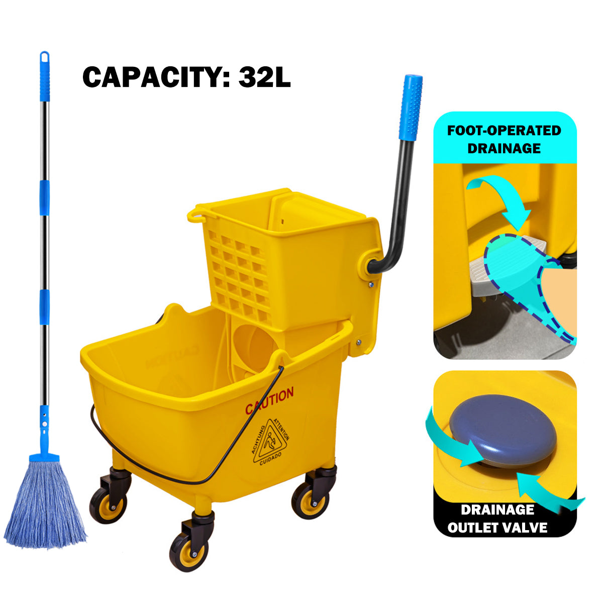 32L Wringer Mop Bucket with Rolling Wheels and Mop