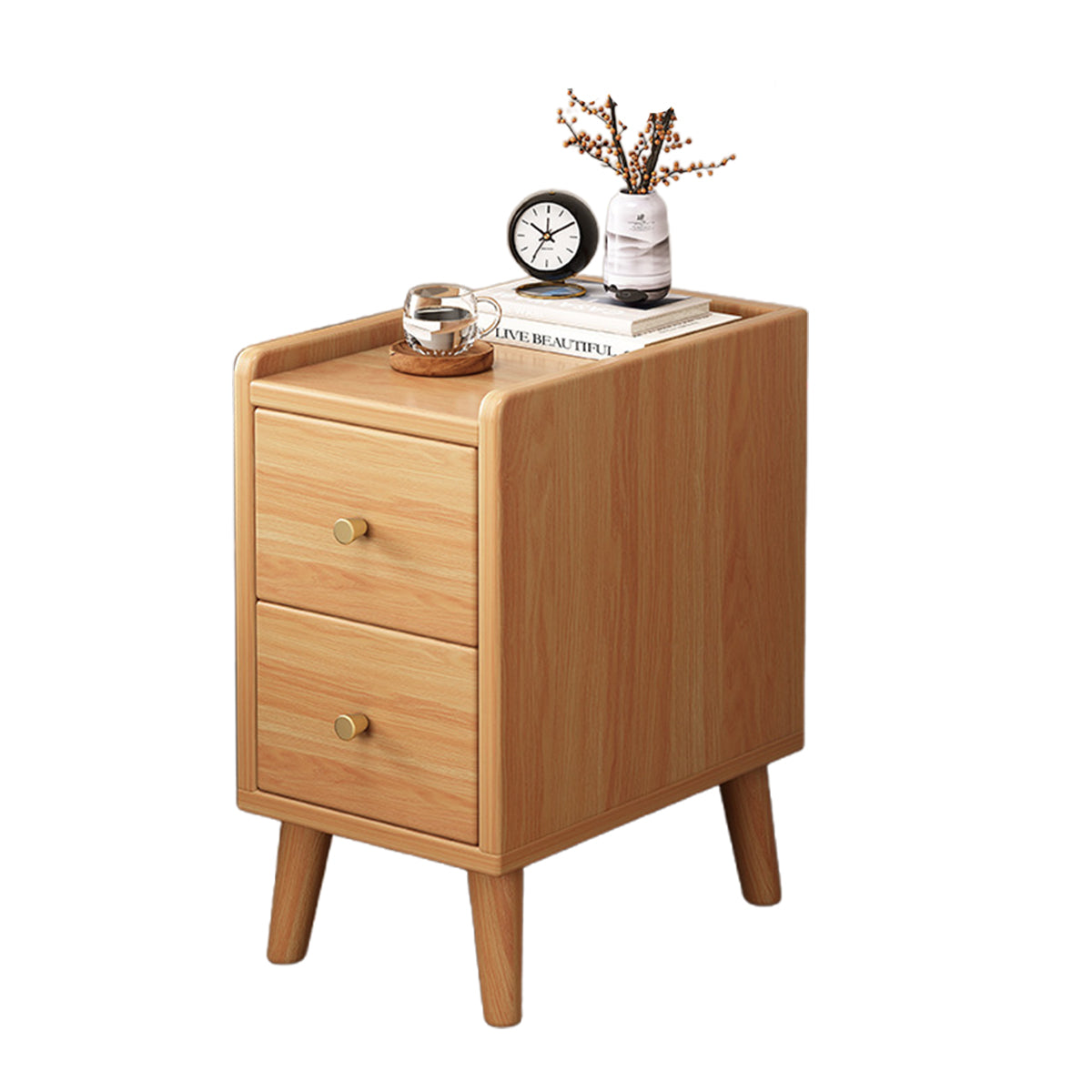 Narrow Wooden Bedside Table with 2 Drawers