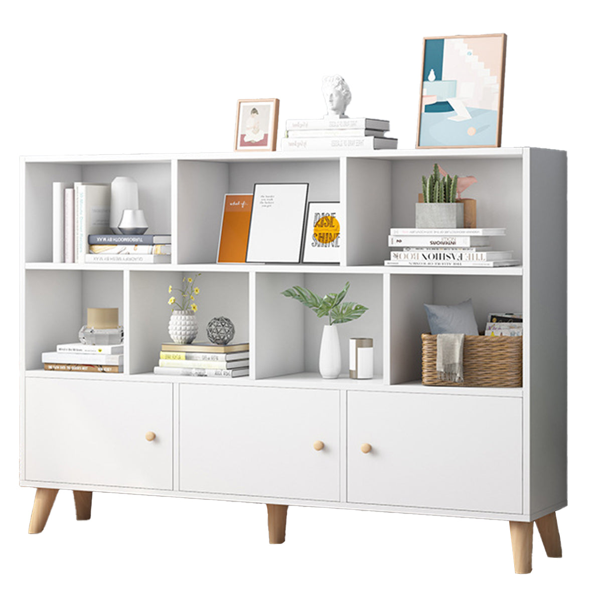 White Bookcase Storage Cabinet with Doors and Legs