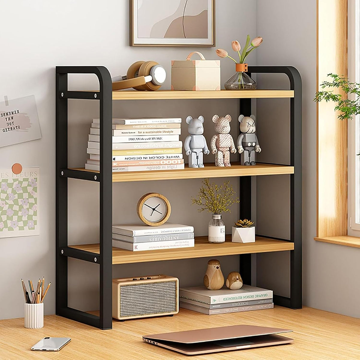 3-Tier Desktop Storage Rack Steel Frame for Books