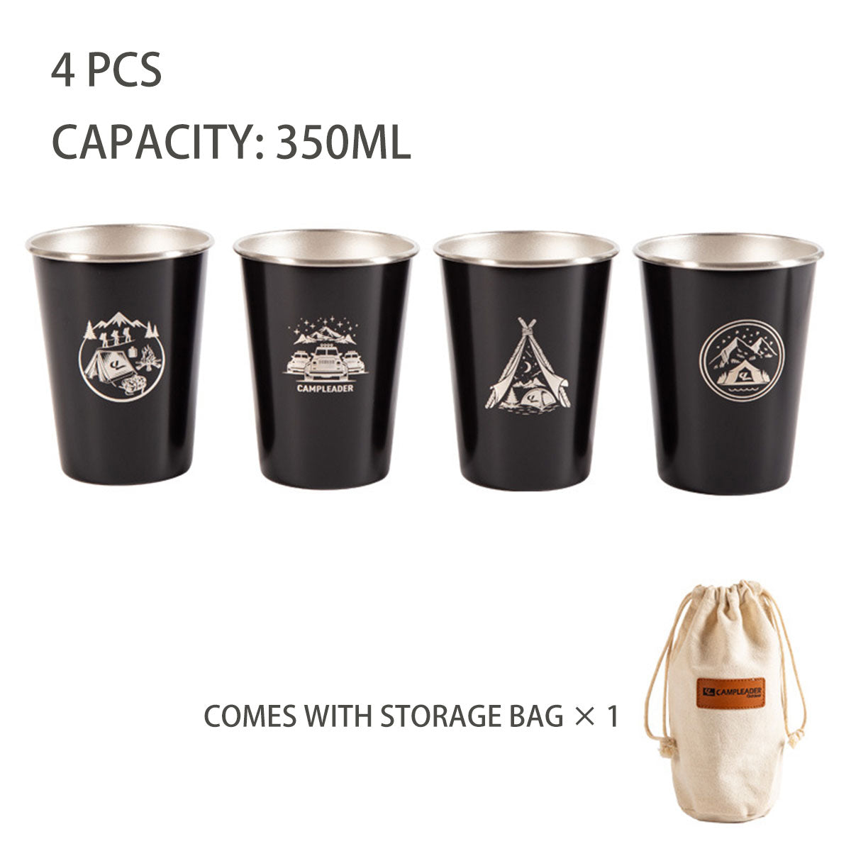 Set of 4 Outdoor 304 Stainless Steel Cups with Bag