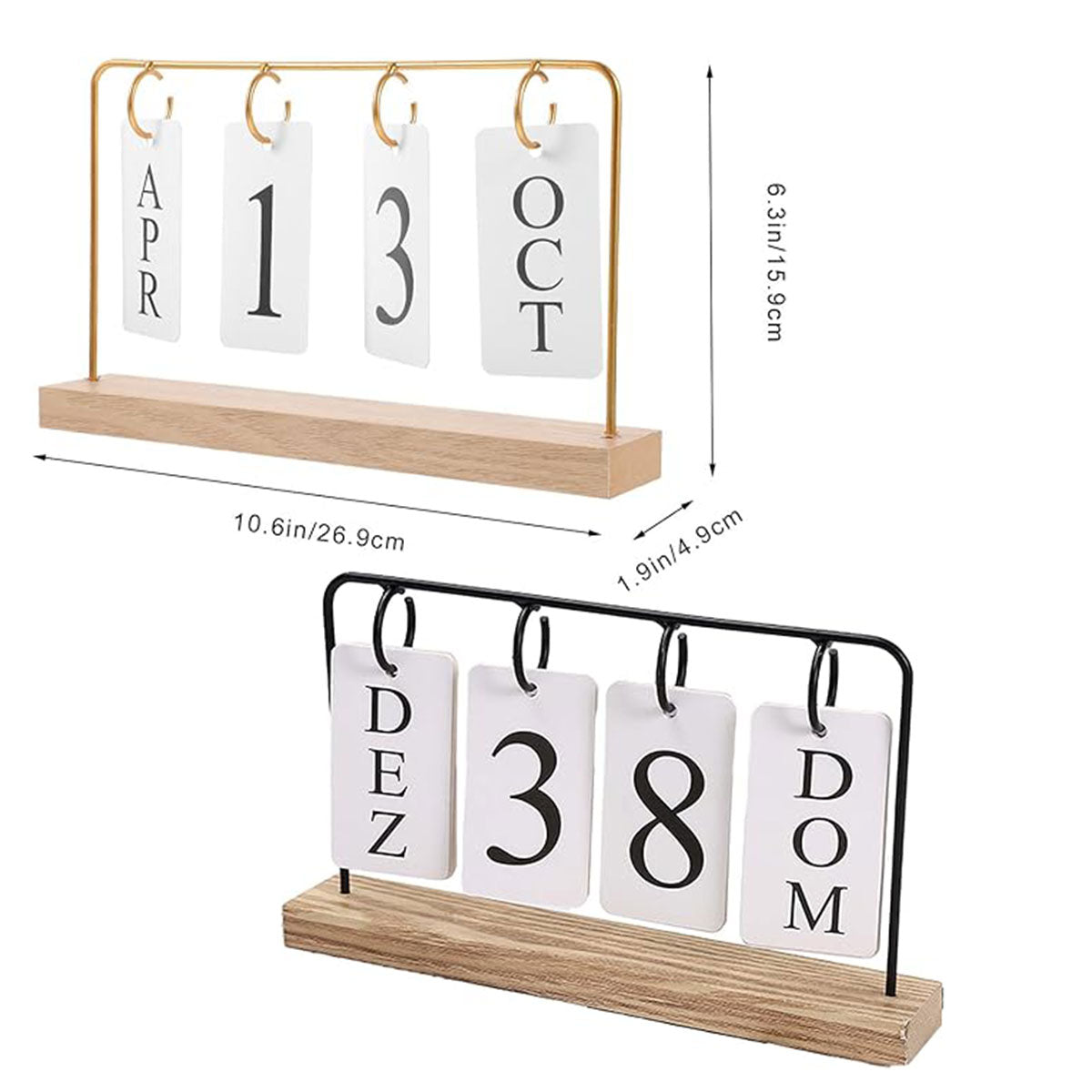 Wooden Desk Calendar Perpetual with Metal Rings Black Gold