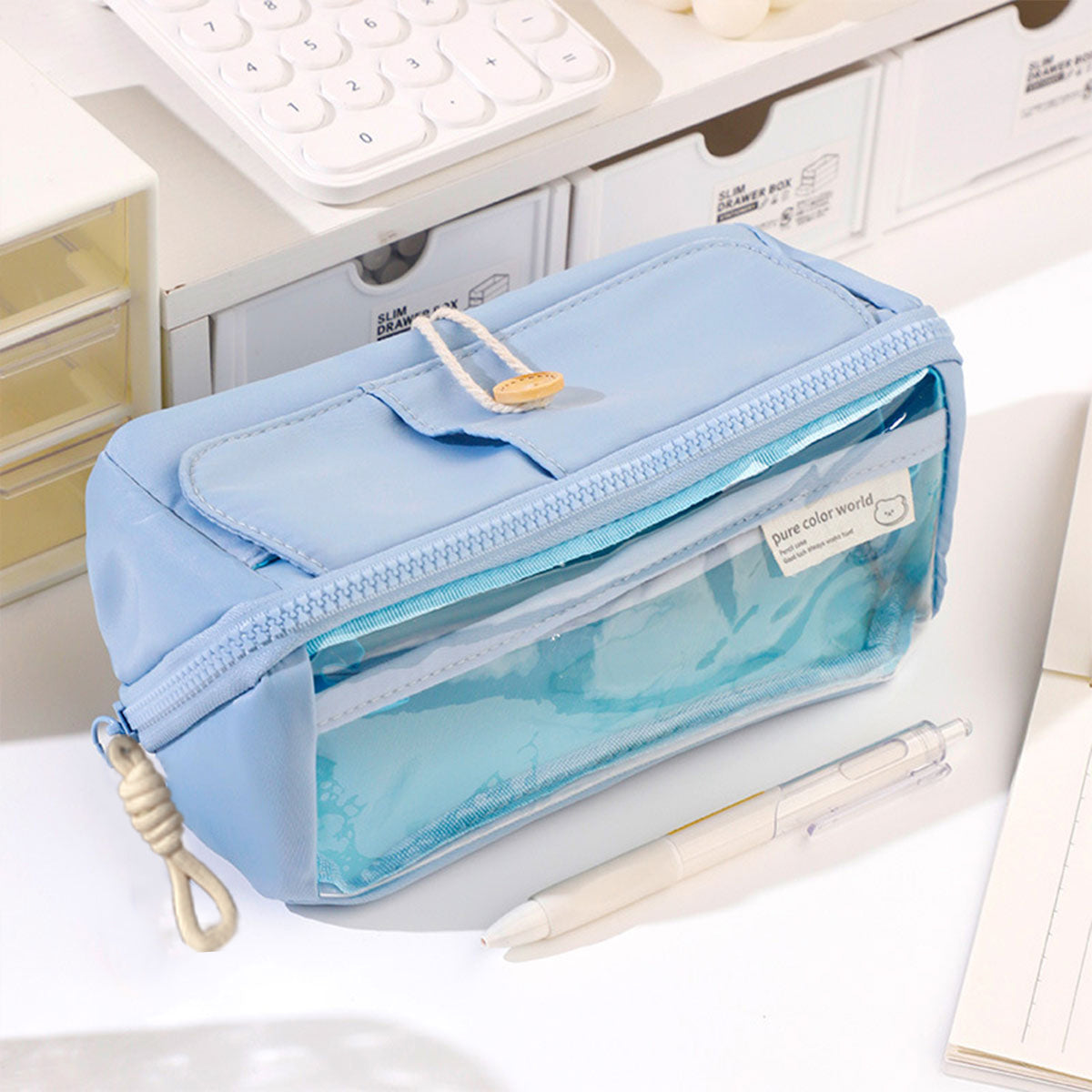 Japanese Style Stationery Bag Large Capacity with Clear Pocket