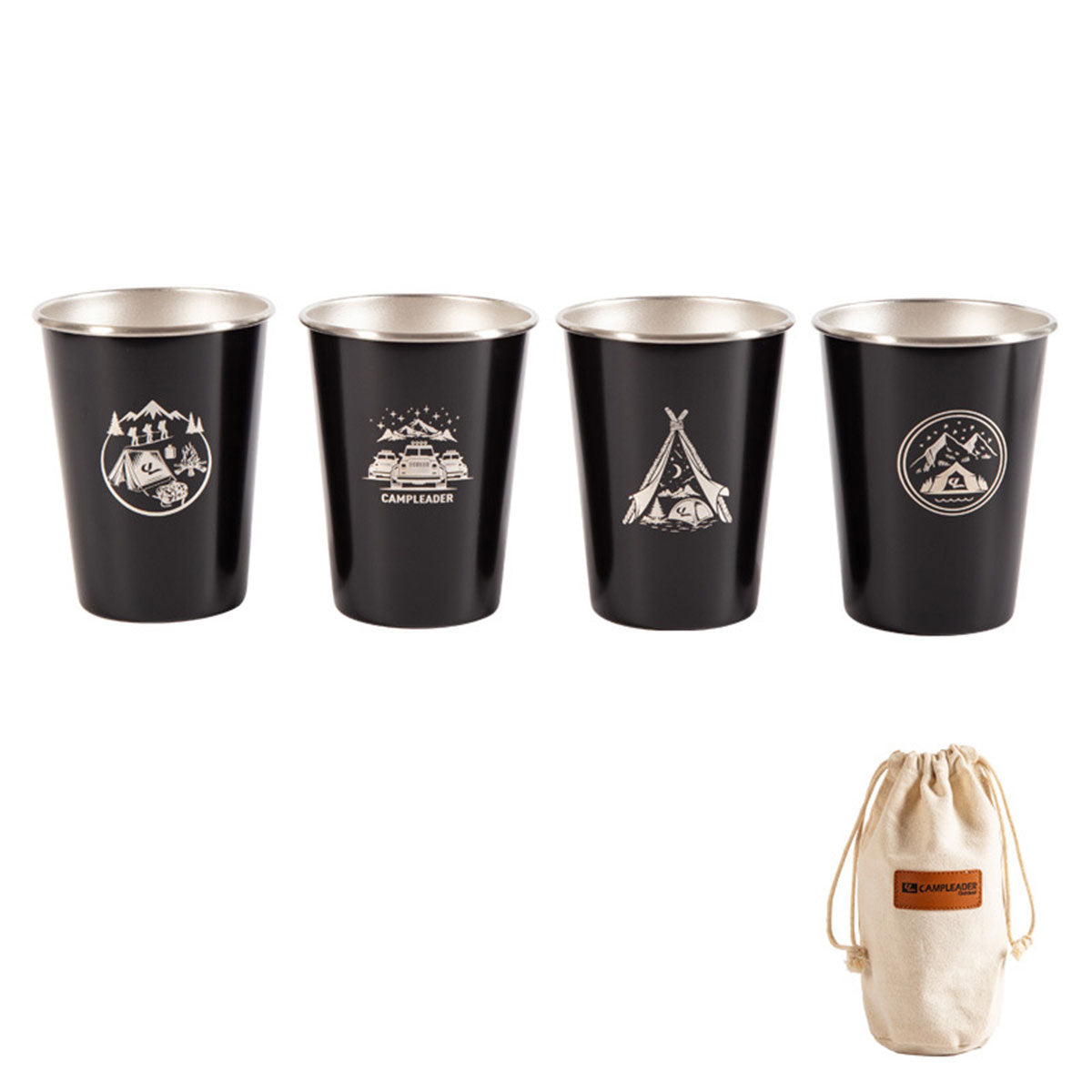 Set of 4 Outdoor 304 Stainless Steel Cups with Bag