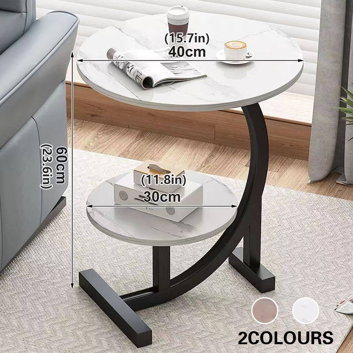 Round Side Table with Shelf Marble Pattern Metal Frame
