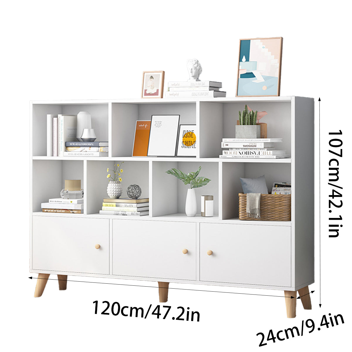 White Bookcase Storage Cabinet with Doors and Legs