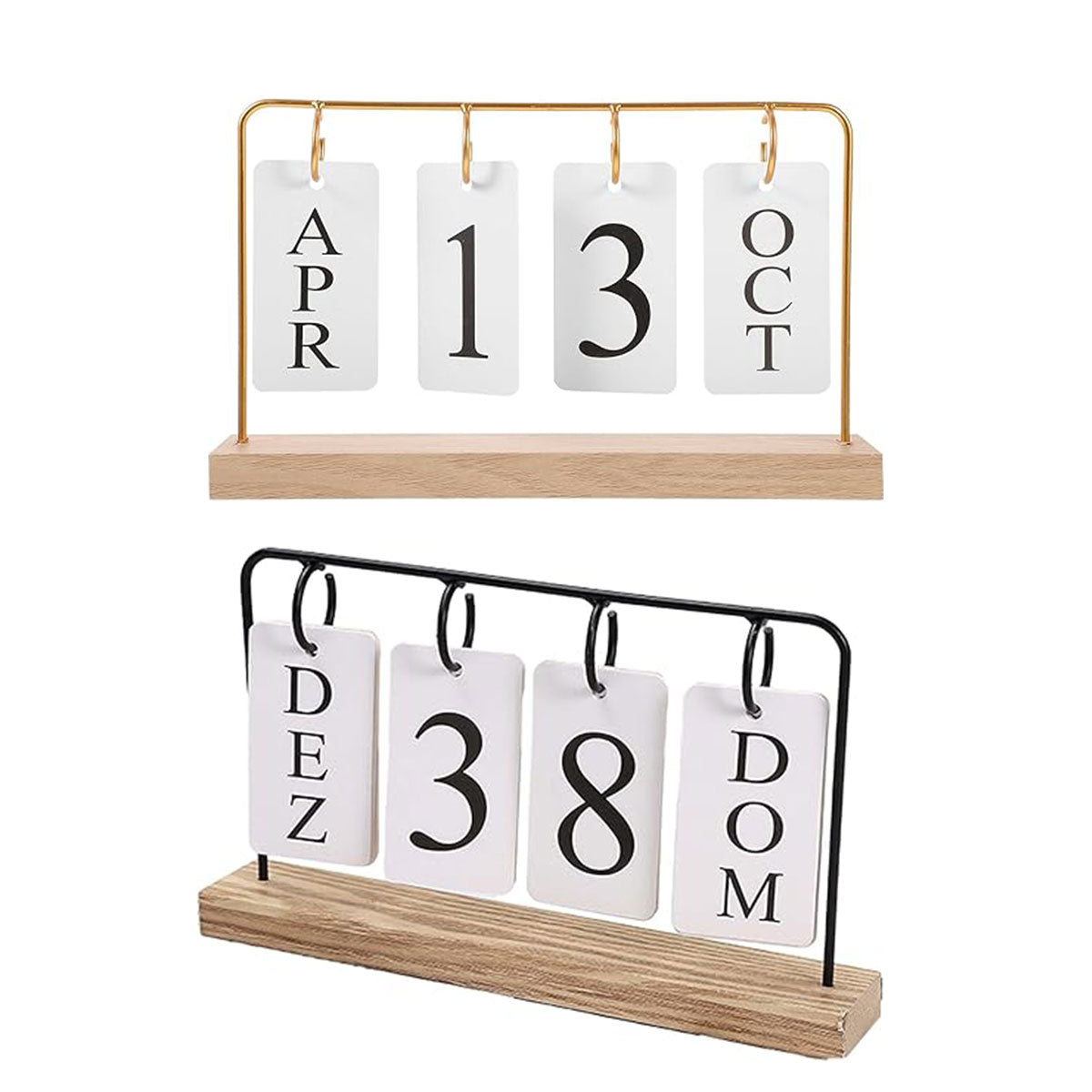 Wooden Desk Calendar Perpetual with Metal Rings Black Gold