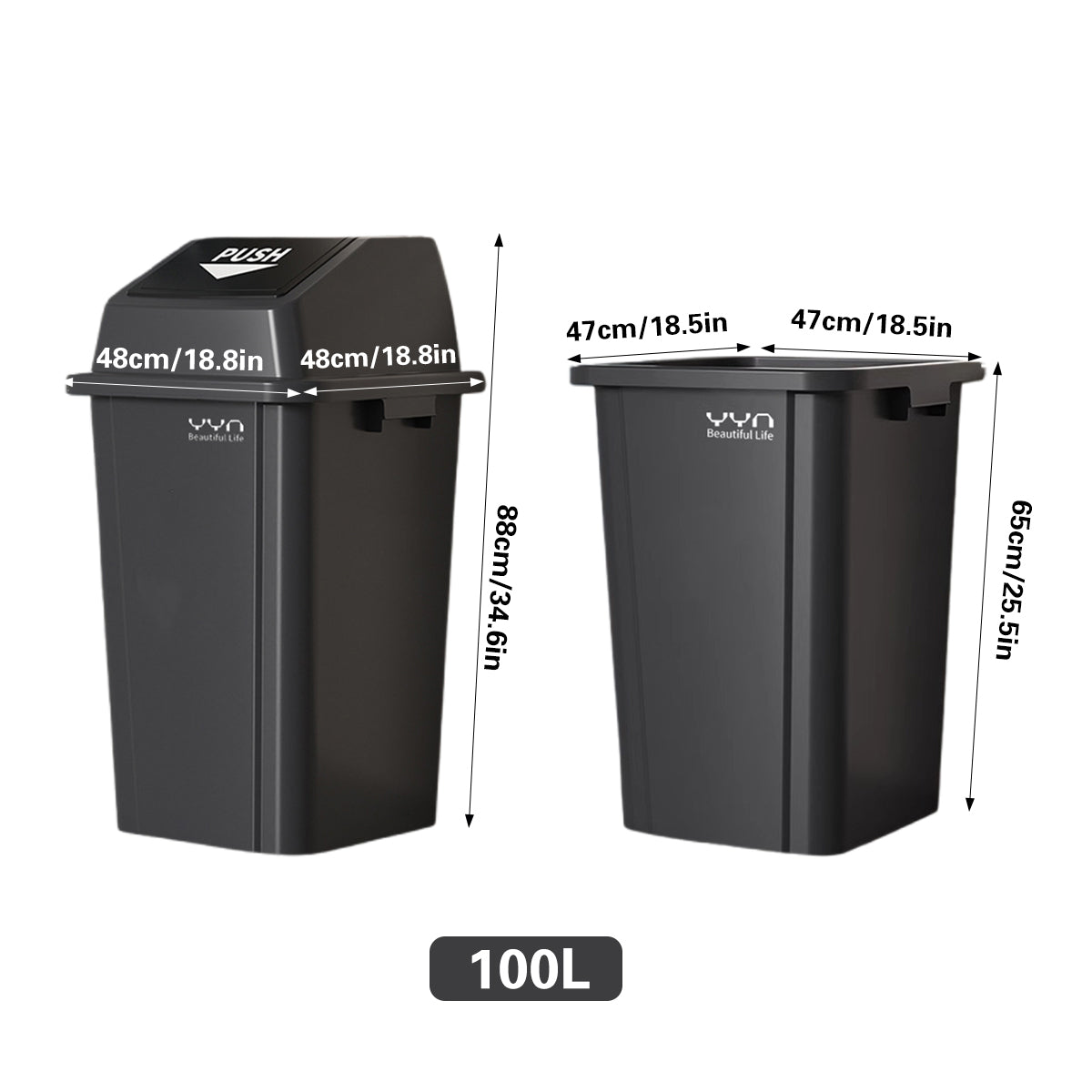 100L Square Trash Can with Handle and Lid Option