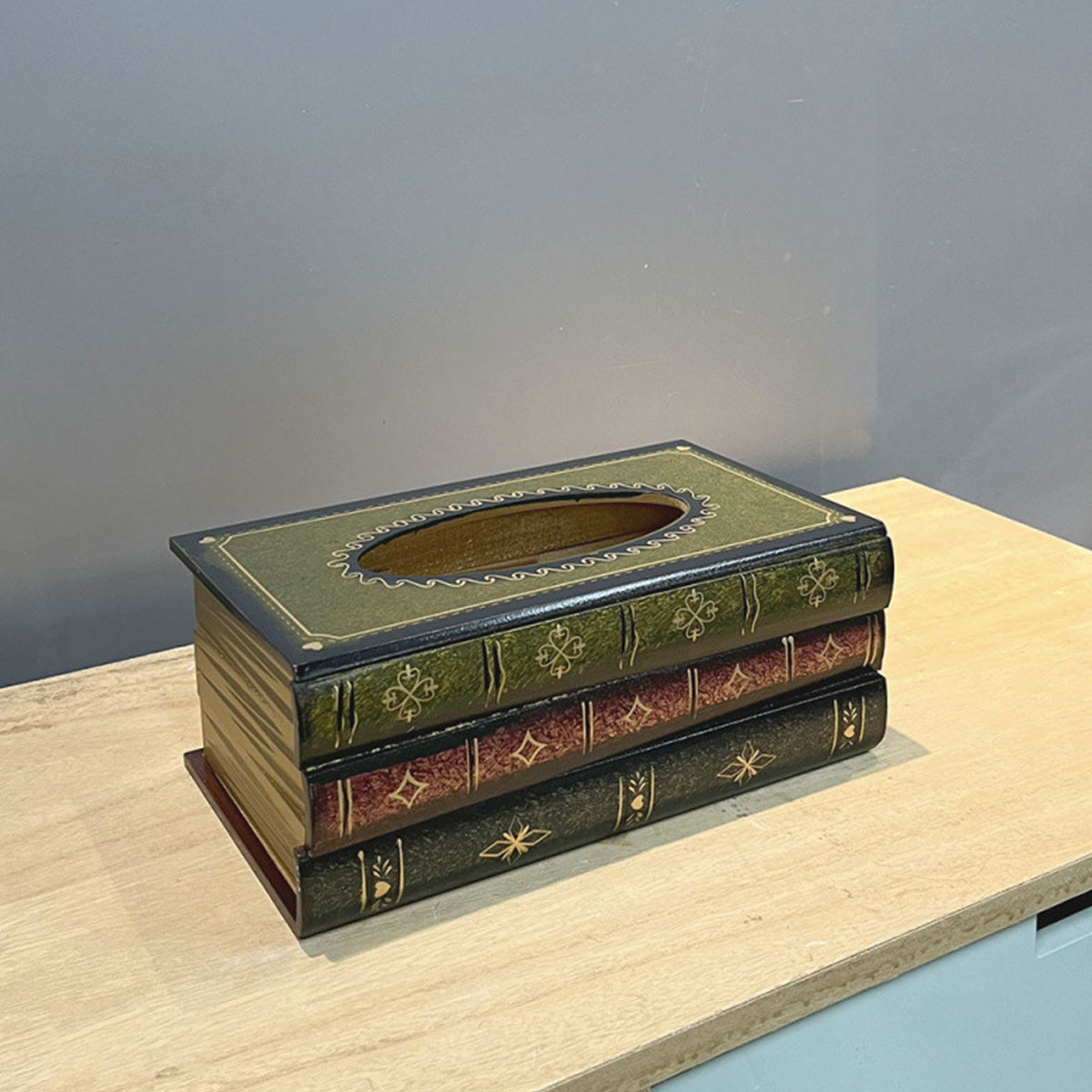 Retro Book-Shaped Wooden Tissue Box Hand-Painted