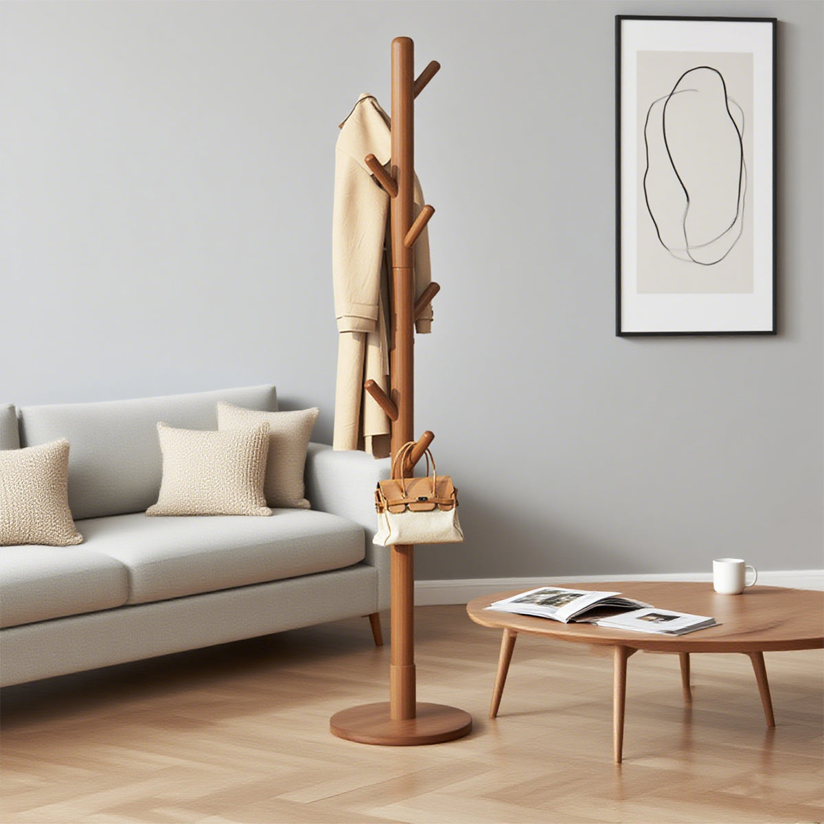 Solid Wood Clothes Hanger Floor Coat Rack with 8 Hooks