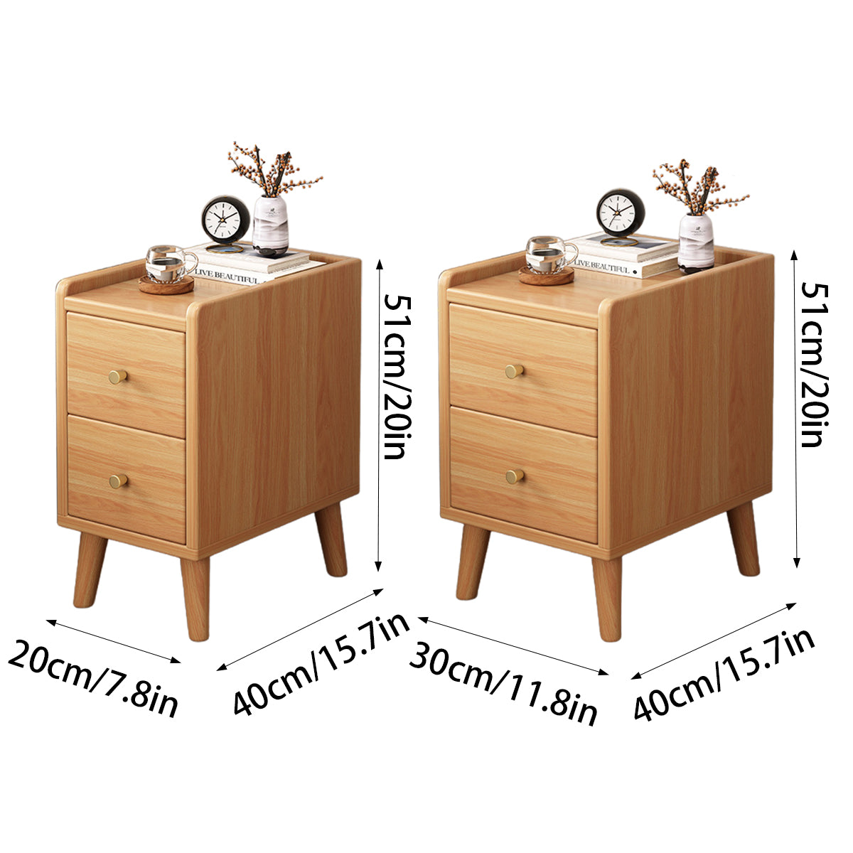 Narrow Wooden Bedside Table with 2 Drawers