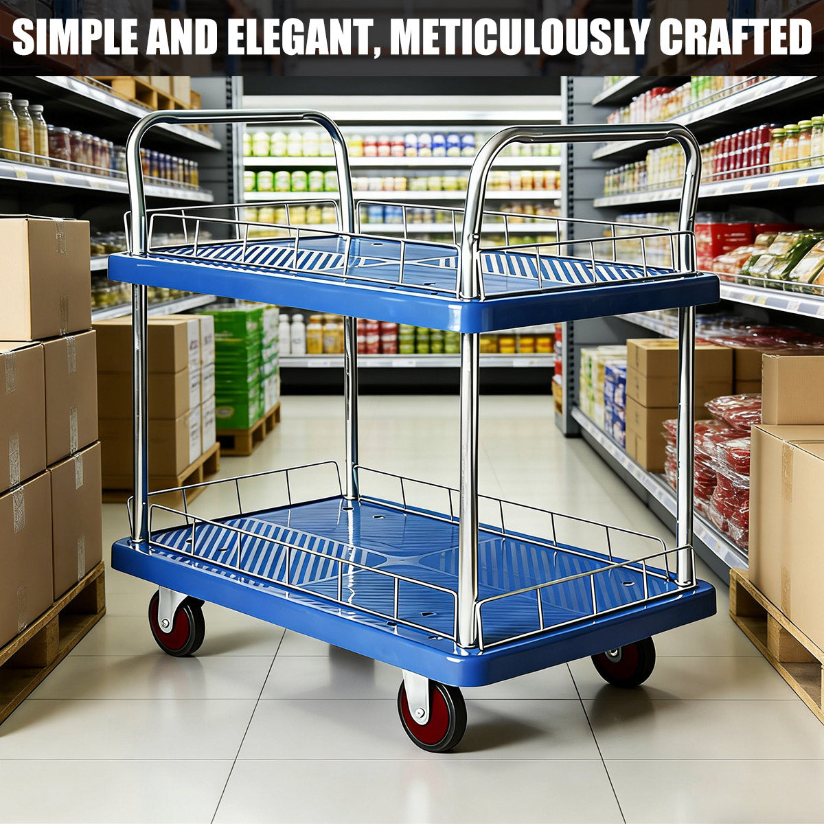 2 Tier Silent Flatbed Trolley with Double Handle