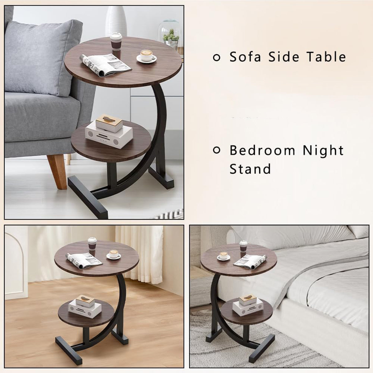 Round Side Table with Shelf Marble Pattern Metal Frame