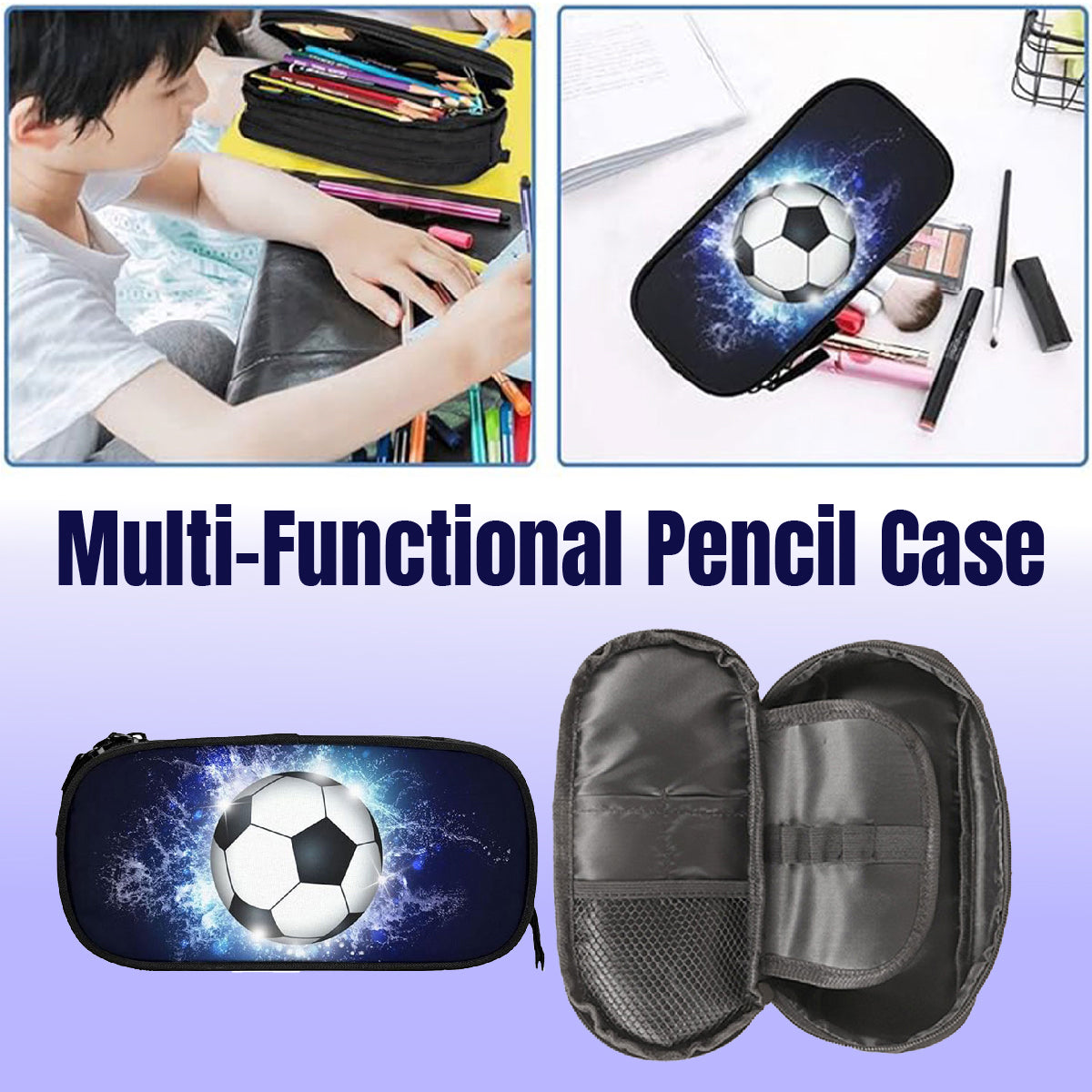 Pencil Case with Football Pattern Oxford Fabric Large Capacity