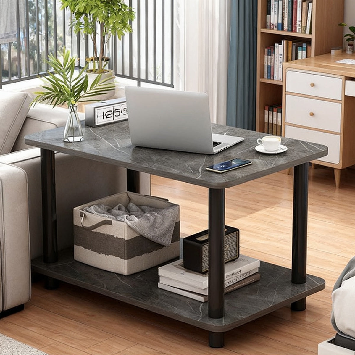 2-Tier Narrow Side Table with Storage Shelf and Space-Saving Design