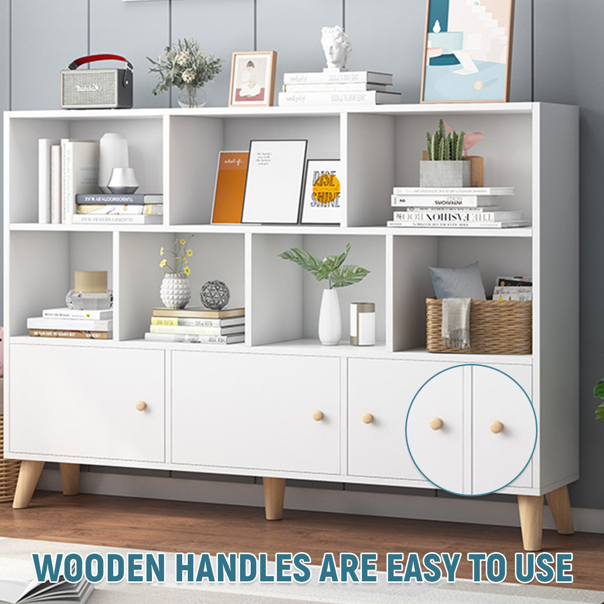 White Bookcase Storage Cabinet with Doors and Legs
