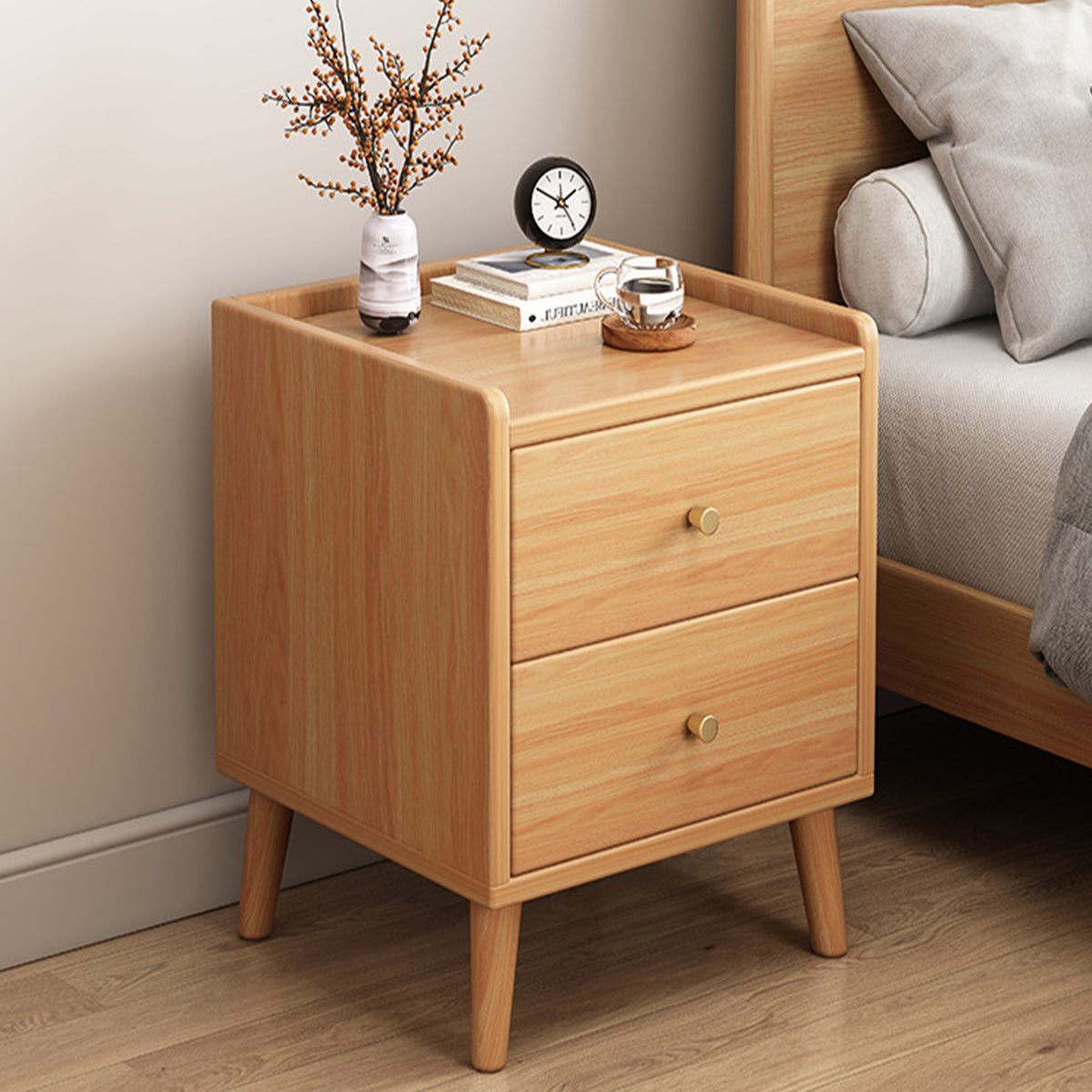 Narrow Wooden Bedside Table with 2 Drawers