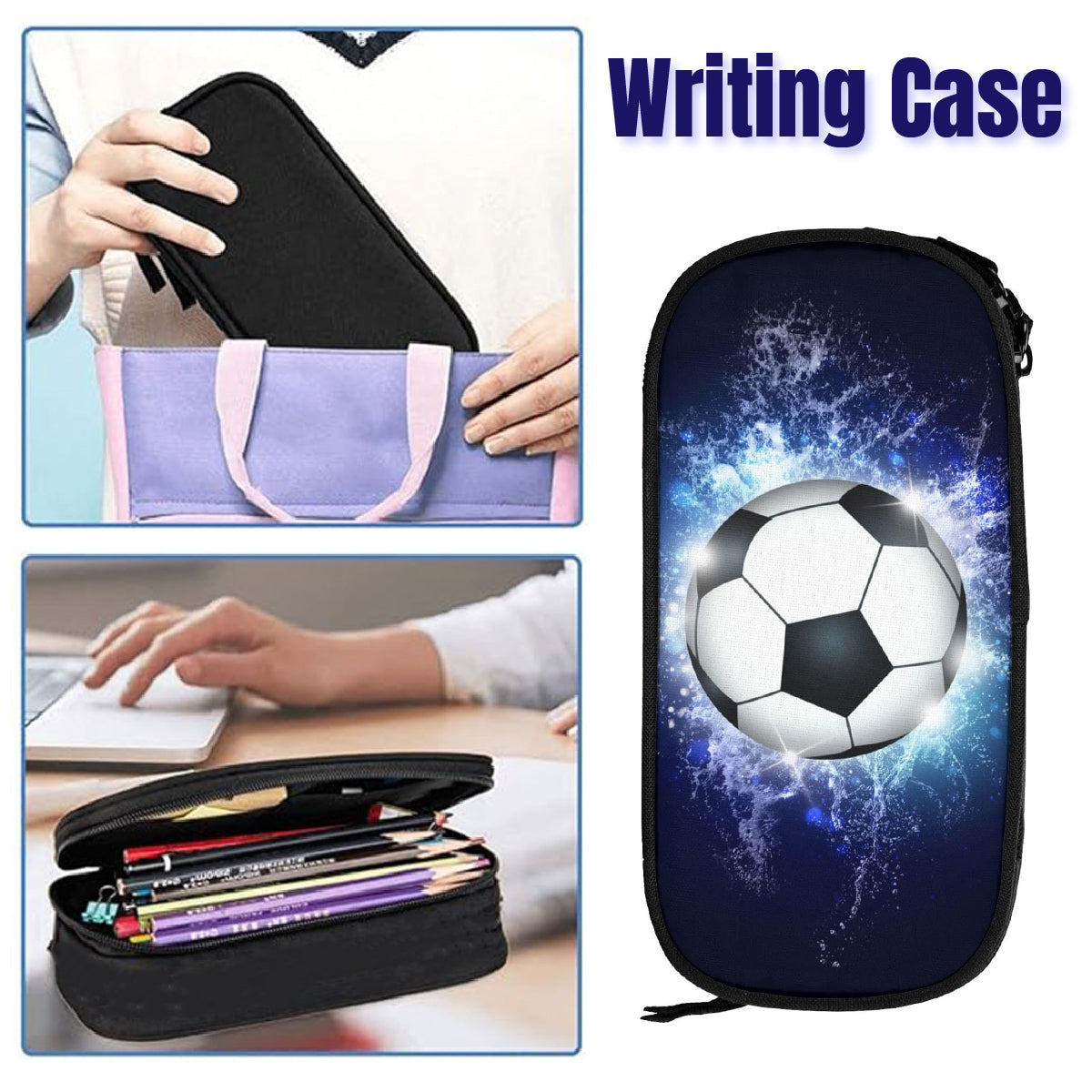Pencil Case with Football Pattern Oxford Fabric Large Capacity