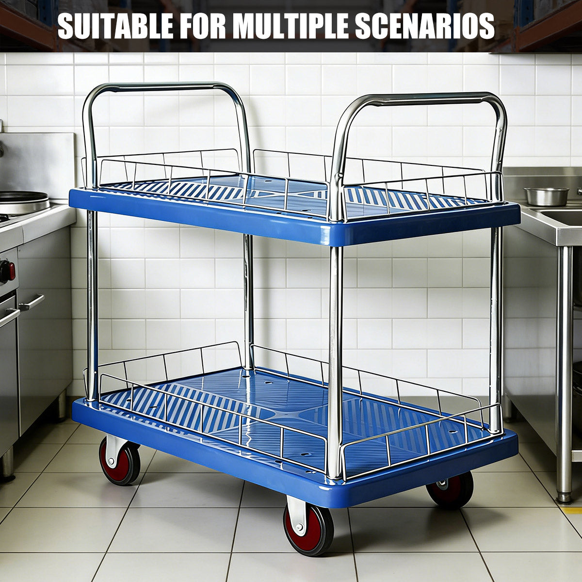 2 Tier Silent Flatbed Trolley with Double Handle