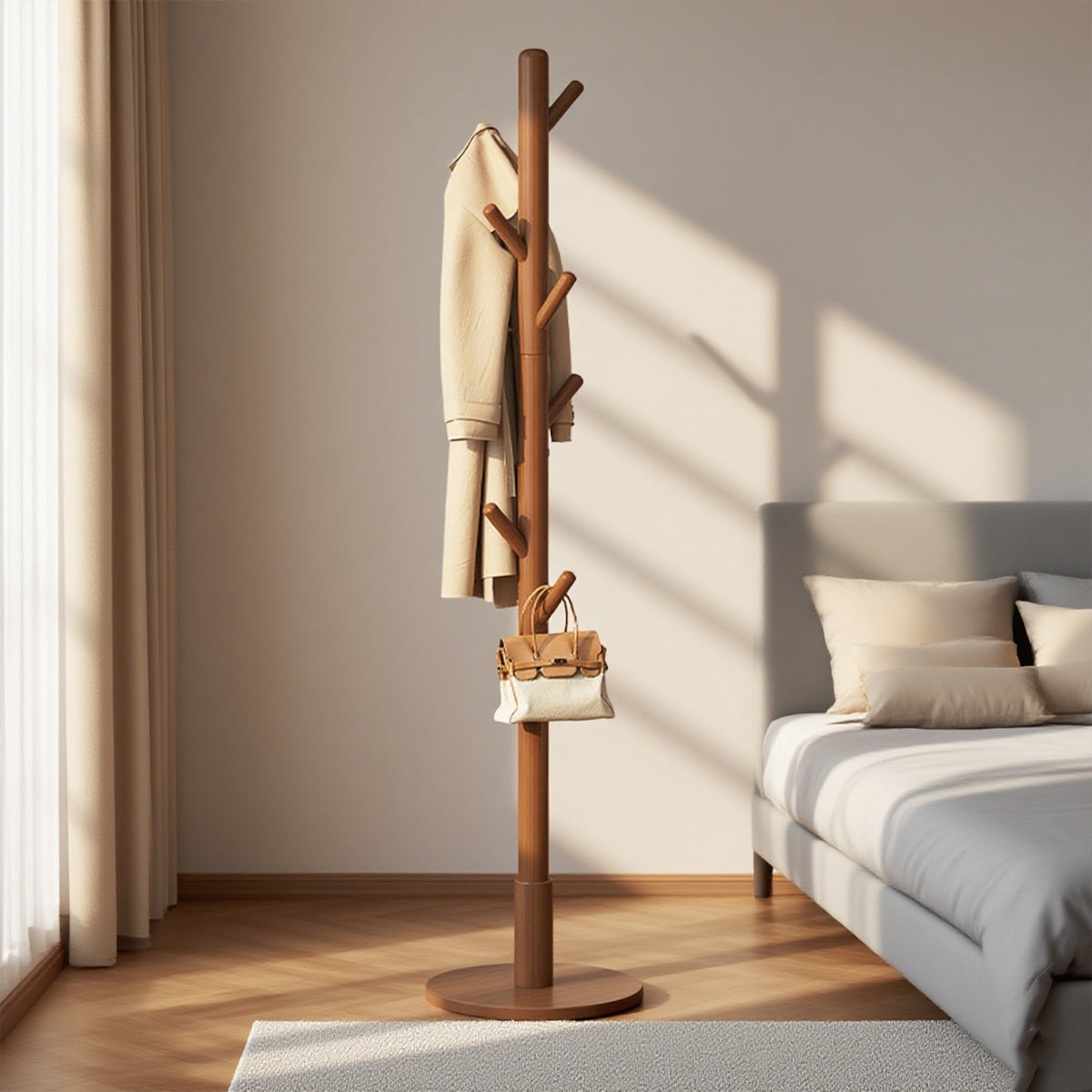 Solid Wood Clothes Hanger Floor Coat Rack with 8 Hooks