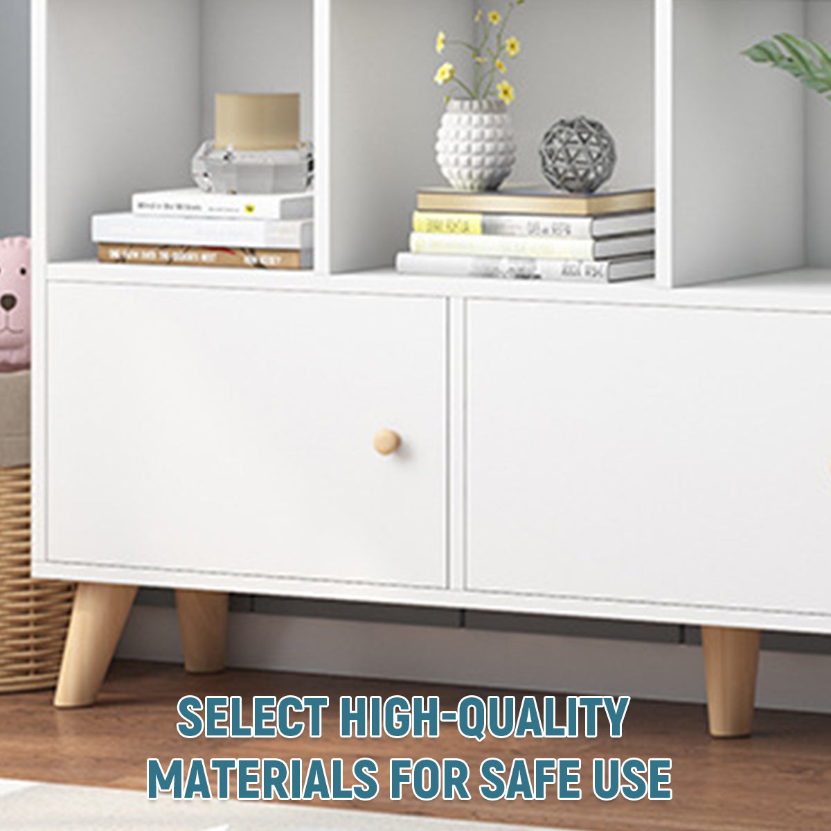 White Bookcase Storage Cabinet with Doors and Legs