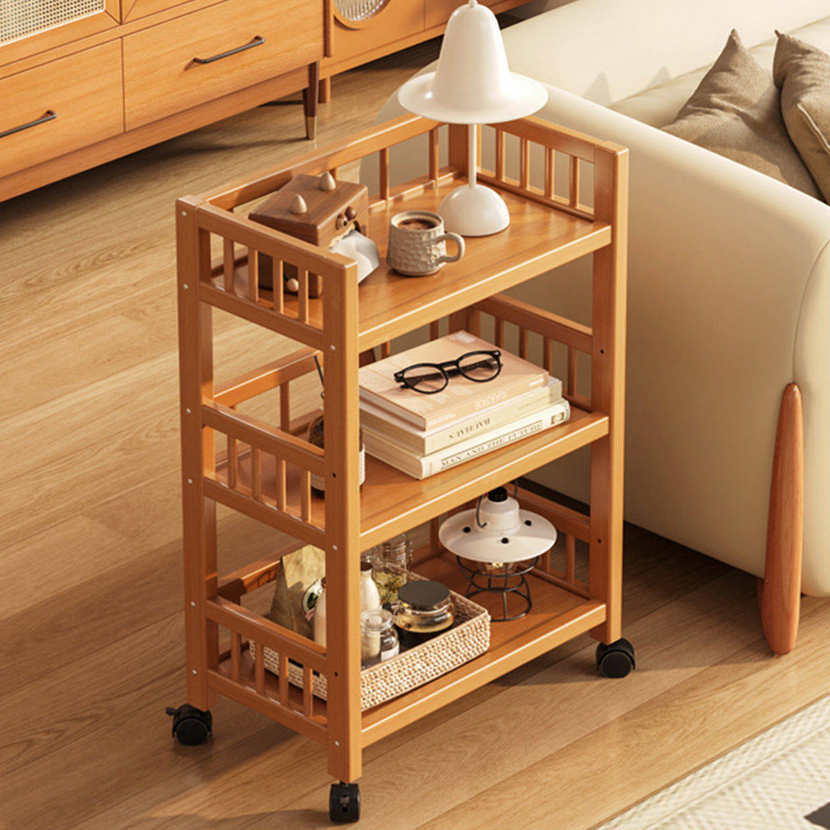 3 Tier Bamboo Movable Storage Rack with Wheels