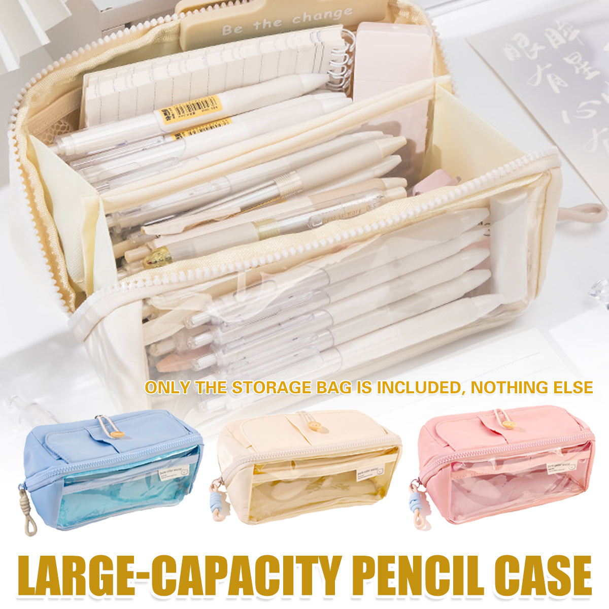 Japanese Style Stationery Bag Large Capacity with Clear Pocket