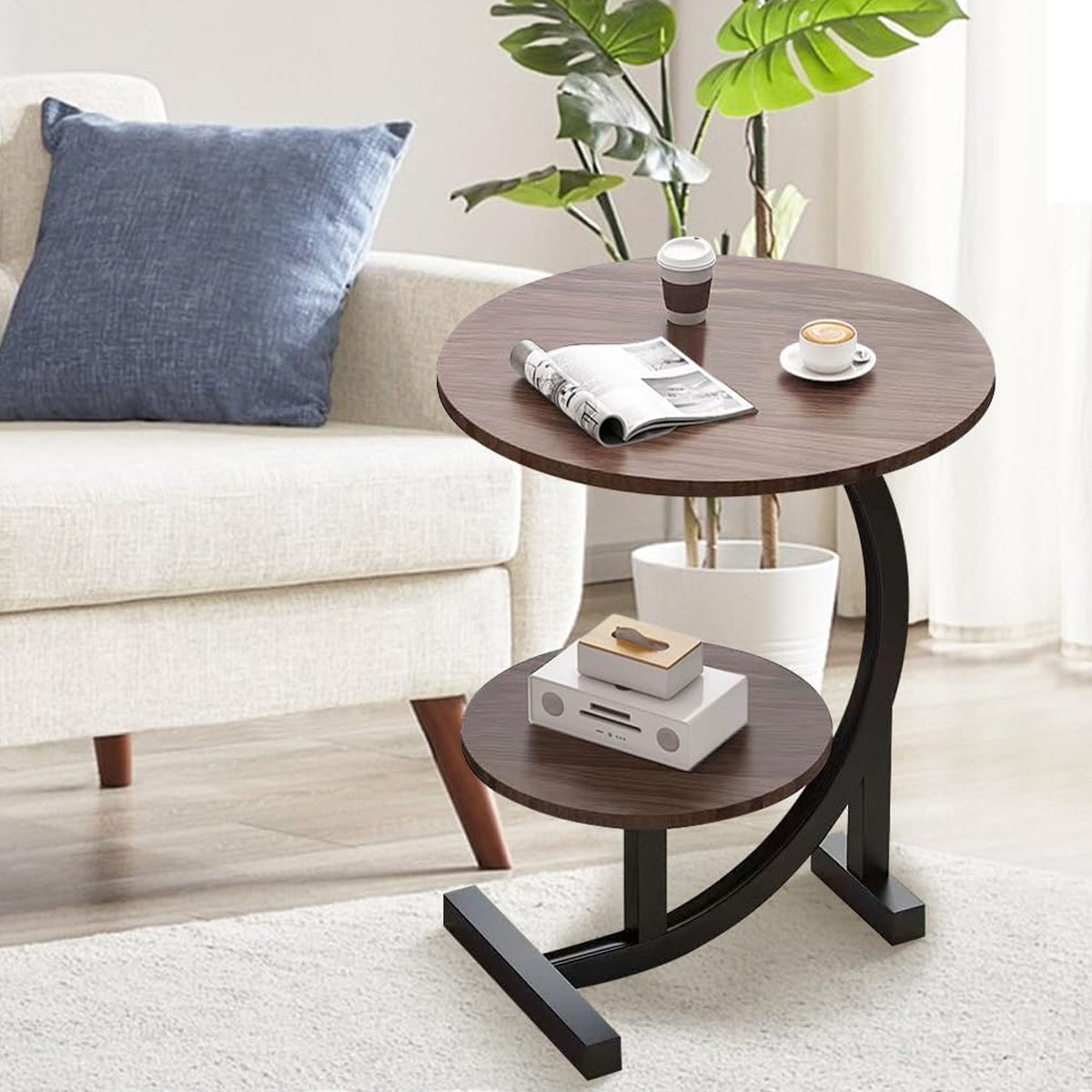 Round Side Table with Shelf Marble Pattern Metal Frame