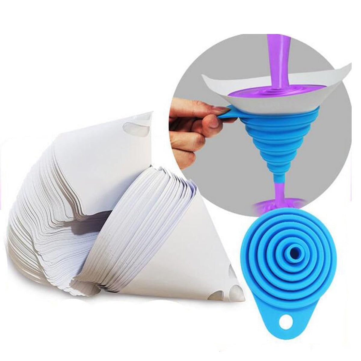 100 Paper Funnels with Silicone Funnel for Liquid Transfer